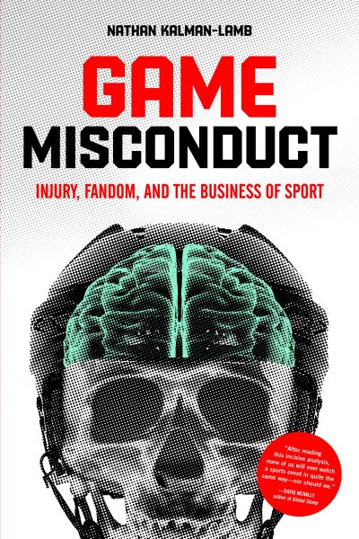 Book cover for "Game Misconduct" by Nathan Kalman-Lamb featuring a stylized head with a hockey helmet and brain illustration.