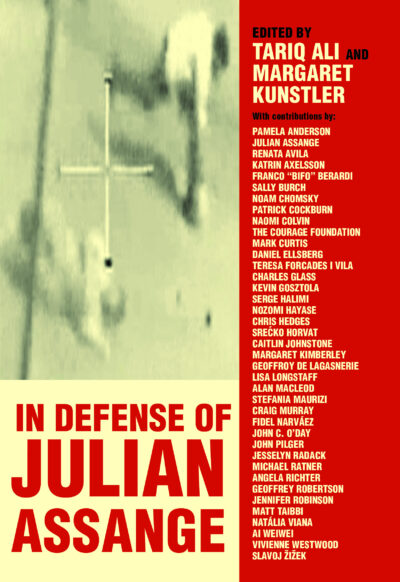 Book cover for "In Defense of Julian Assange" edited by Tariq Ali and Margaret Kunstler, featuring a list of contributors on a red background.