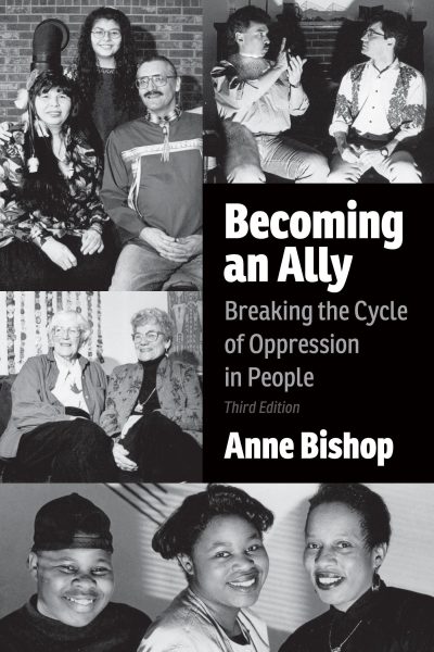 Book cover for "Becoming an Ally" by Anne Bishop showing five black and white photographs of diverse groups of people from different eras.
