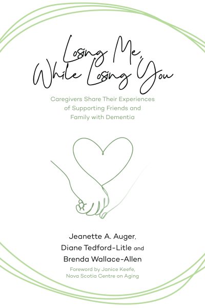 Book cover for "While Losing Me, While Losing You" featuring a heart and clasped hands illustration in green tones.