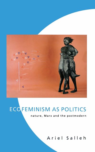 Book cover for "Ecofeminism as Politics" by Ariel Salleh featuring an engraved figure and botanical illustration on coral background.