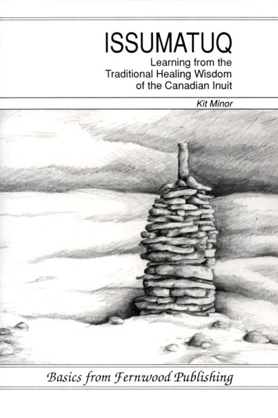 Book cover for "Issumatuq" by Kit Minor, featuring a pencil drawing of a stone cairn in a snowy Arctic landscape.