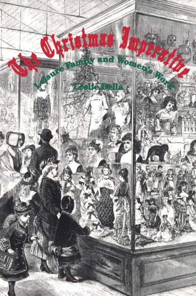 Vintage engraving of people viewing a Christmas shop window display with decorations and merchandise, with red text overlay reading "The Christmas Shopping."