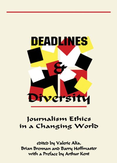 Book cover for "Deadlines & Diversity: Journalism Ethics in a Changing World" featuring geometric shapes in red, yellow, and black.