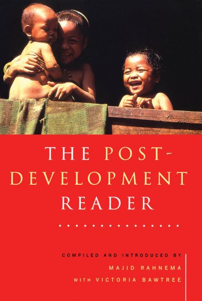 Book cover titled "The Post-Development Reader" featuring three children in warm lighting against a dark background, compiled by Majid Rahnema with Victoria Bawtree.