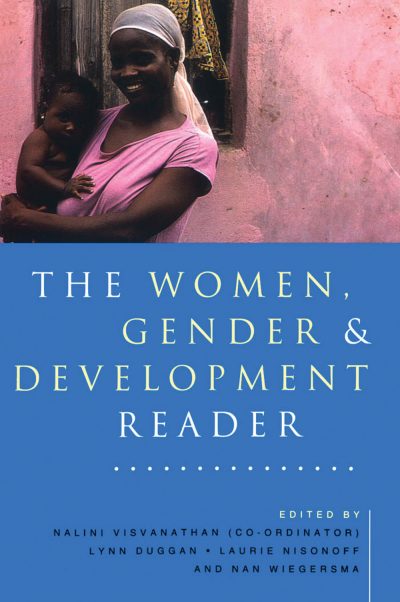 Book cover titled "The Women, Gender & Development Reader" with editors listed, featuring a person in a pink shirt holding a child against a pink wall.