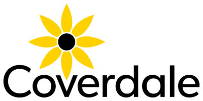 Coverdale logo featuring a yellow flower with eight petals and a black center above the company name in black text.