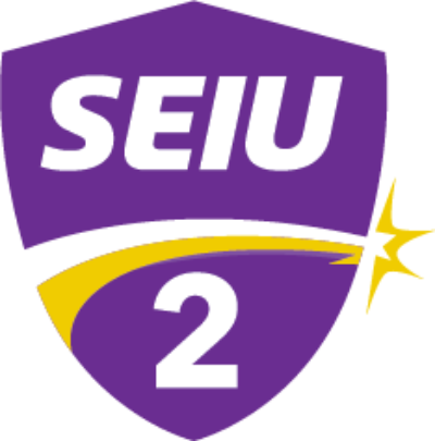 SEIU 2 logo featuring purple shield with white text and yellow accent stripe with star