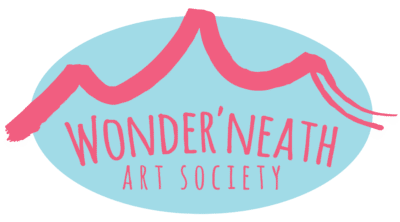 Wonder'Neath Art Society logo featuring pink brushstroke design on light blue oval background.