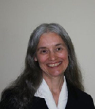 Professional headshot of a person with long dark hair and gray streaks, wearing a dark blazer over a white collared shirt, smiling at the camera against a gray background.