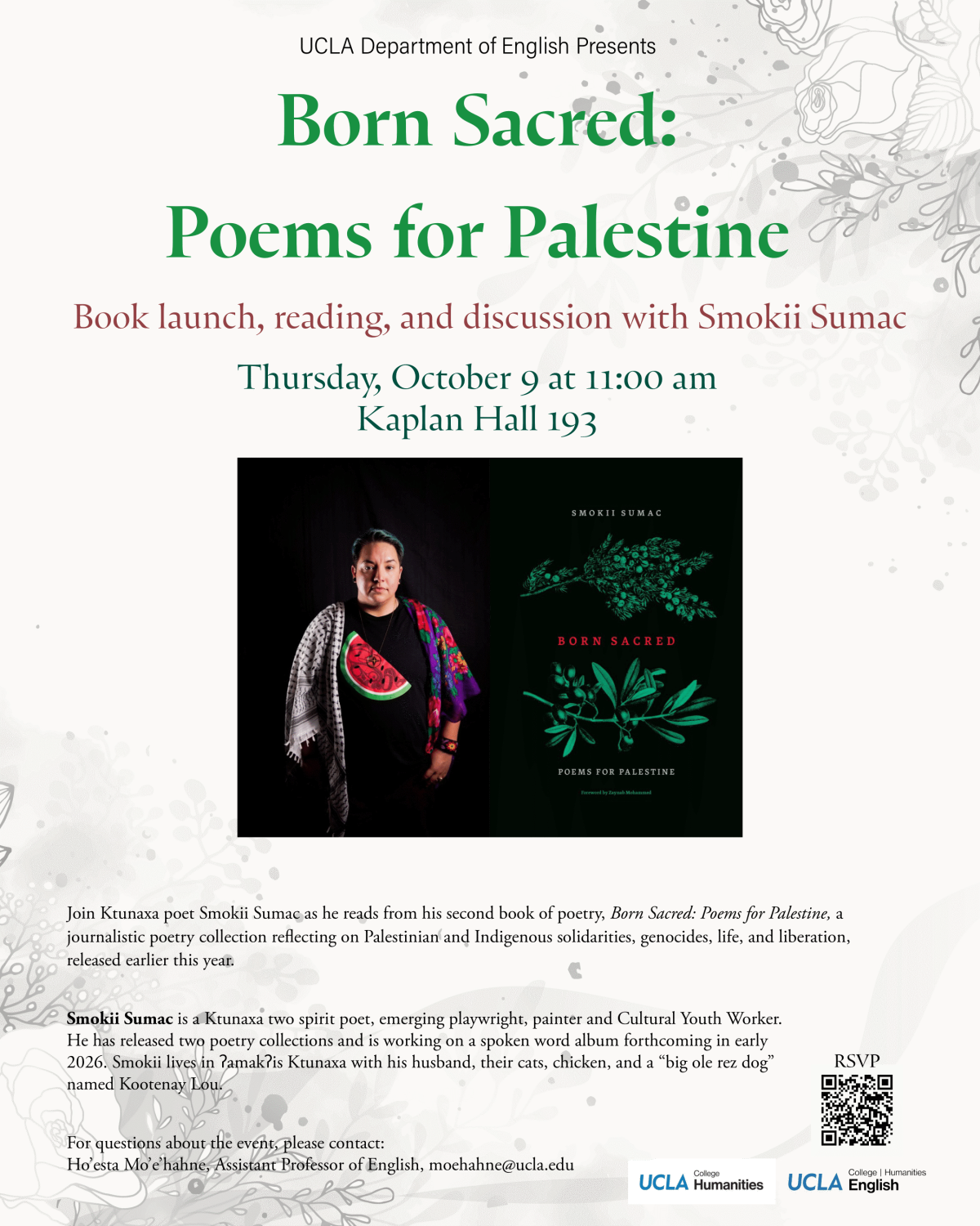 Promotional flyer for "Born Sacred: Poems for Palestine" book launch event at UCLA on October 9 at 11:00 am.
