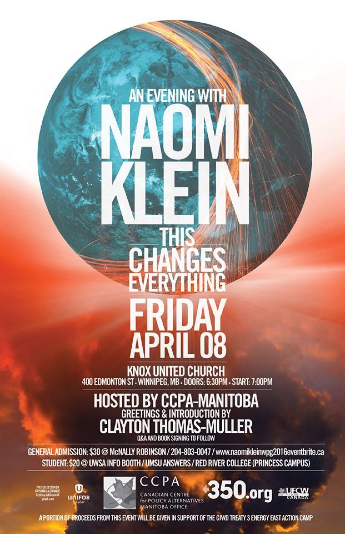 Event poster for Naomi Klein speaking at Knox United Church in Winnipeg on April 8, featuring Earth imagery and red atmospheric background.