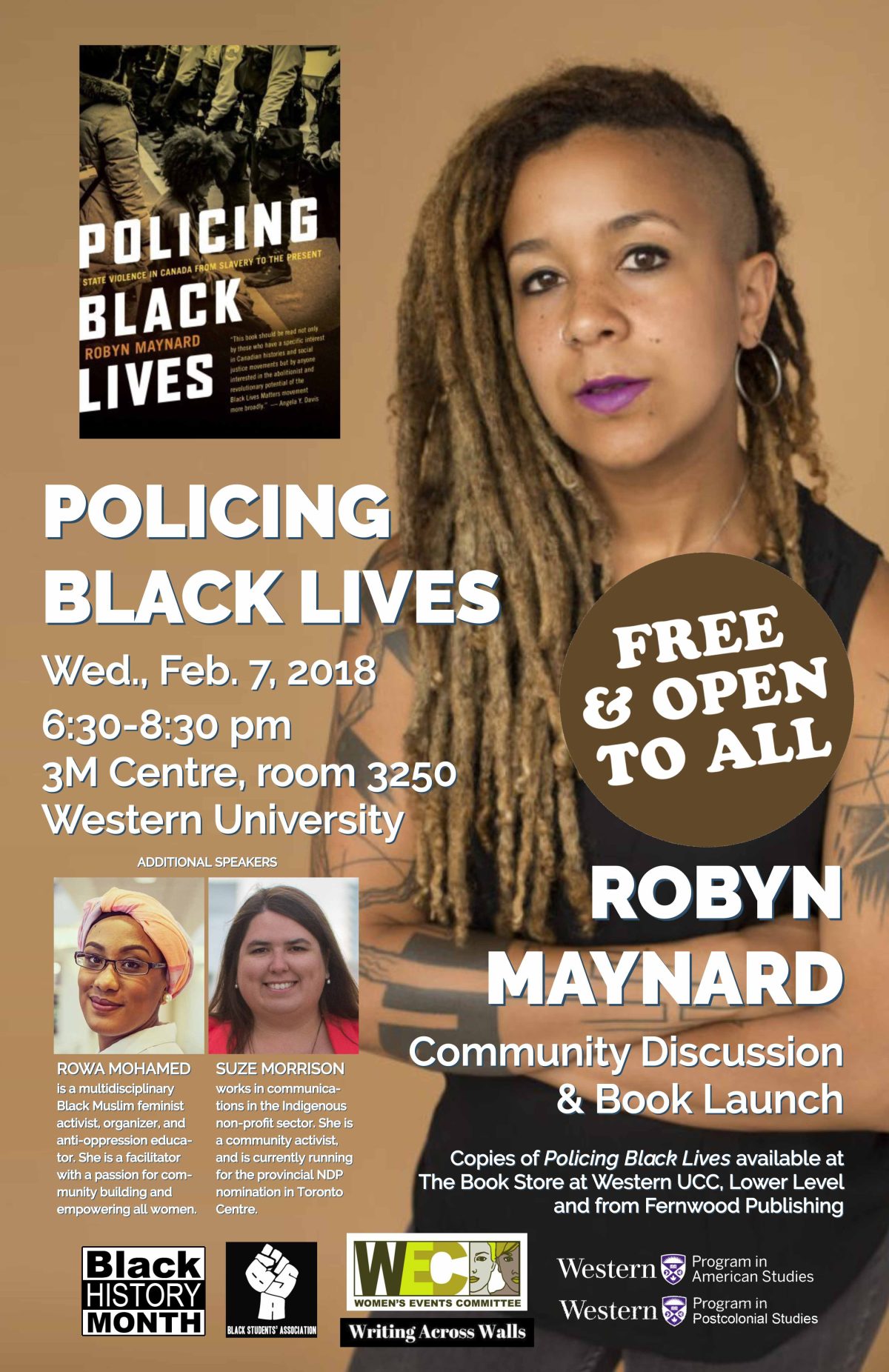 Event poster for "Policing Black Lives" book launch featuring author Robyn Maynard on February 7, 2018 at Western University.