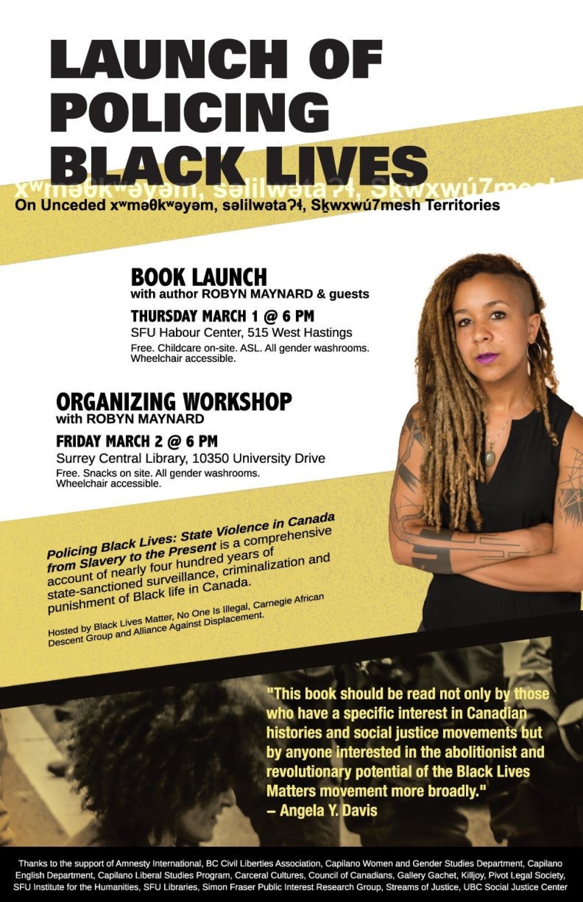 Poster for "Policing Black Lives" book launch and organizing workshop in March, featuring author Robyn Maynard and a quote from Angela Y. Davis.