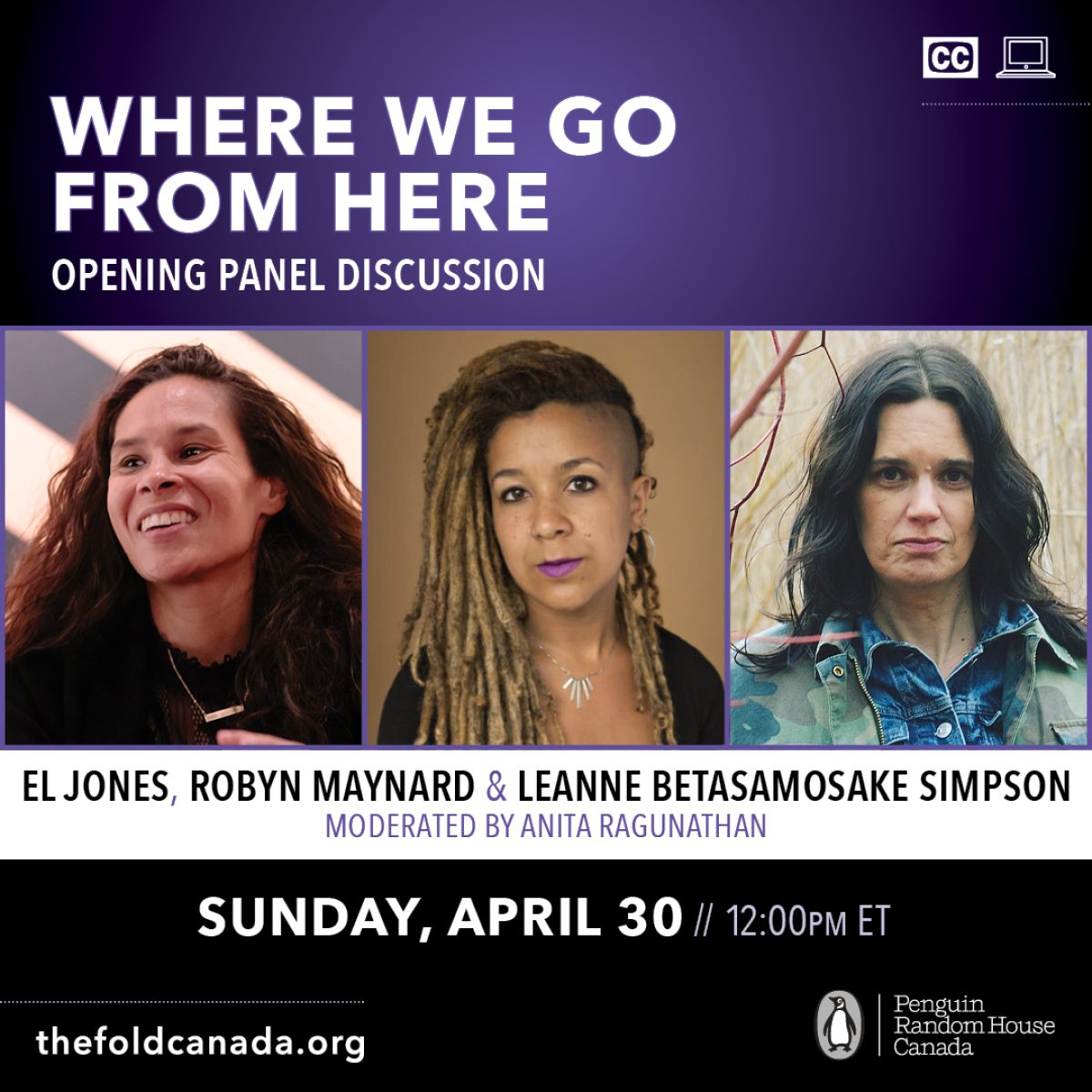Promotional poster for "Where We Go From Here" panel discussion featuring three panelists on April 30 at 12:00pm ET, moderated by Anita Ragunathan.