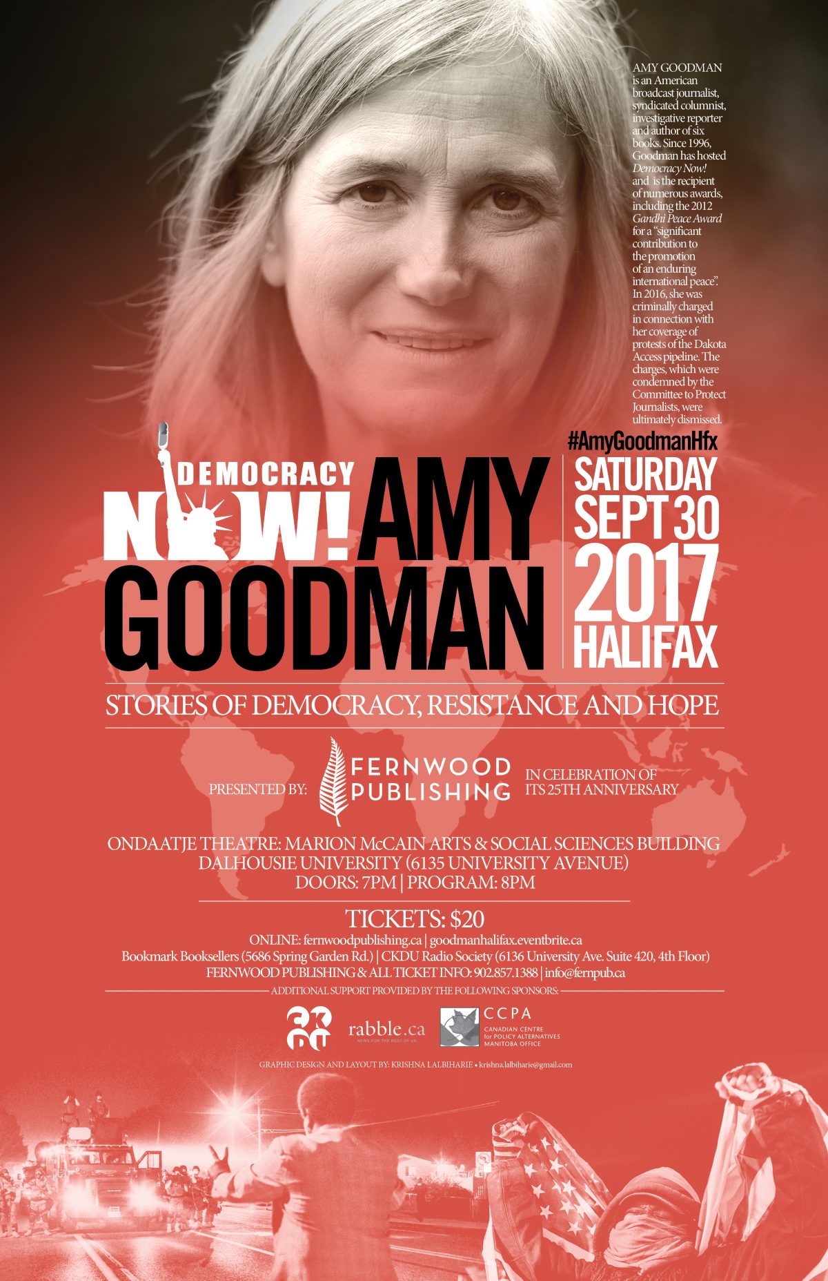 Democracy Now event poster featuring Amy Goodman speaking in Halifax on Saturday, September 30, 2017, about stories of democracy, resistance and hope.