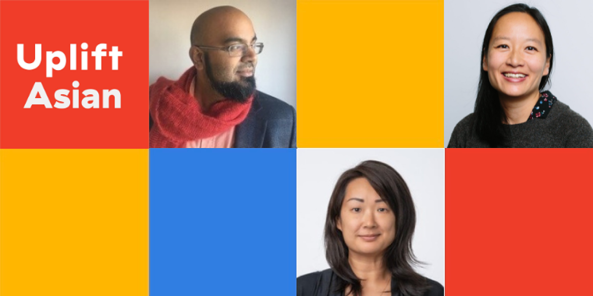 Uplift Asian logo with three headshots of people arranged on a colorful geometric background in red, yellow, and blue.