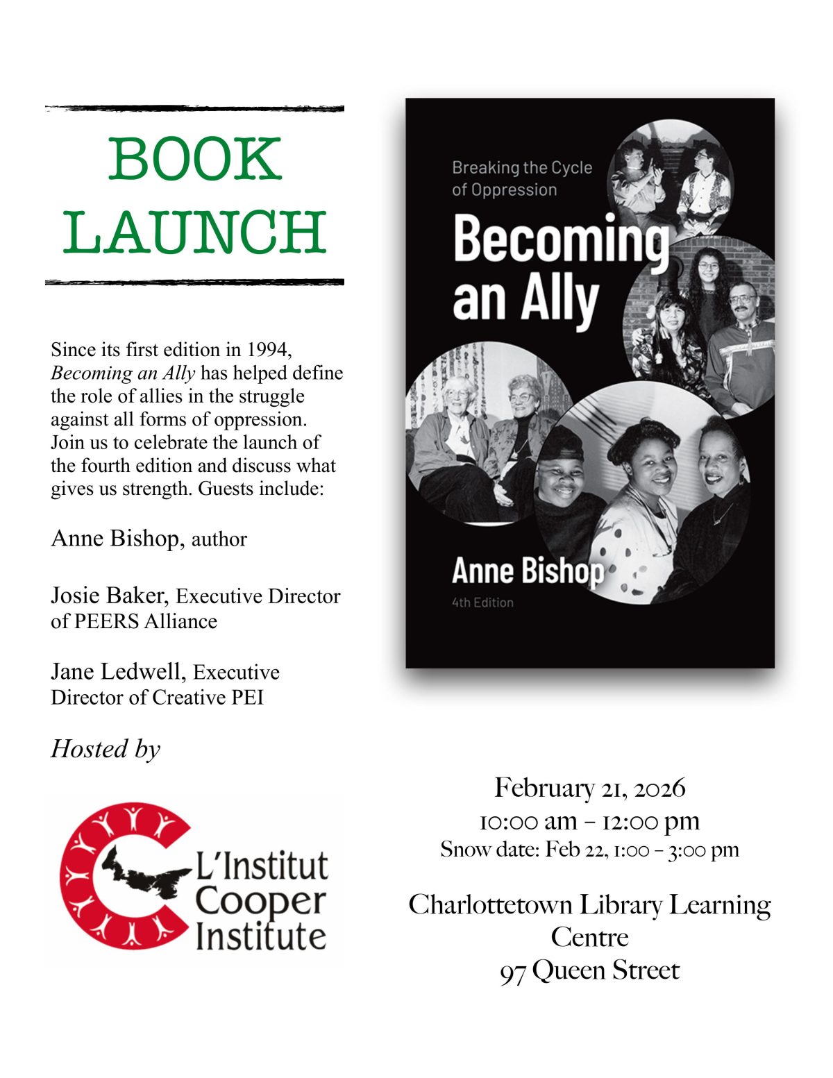 Book launch flyer for "Becoming an Ally" fourth edition by Anne Bishop, February 21, 2026 at Charlottetown Library Learning Centre.