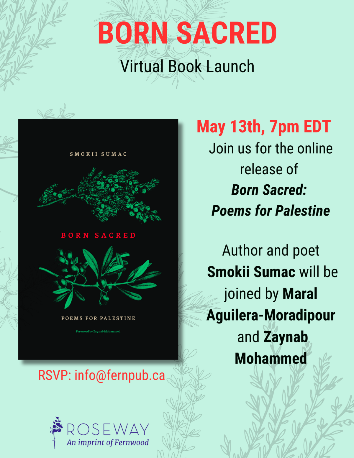 Promotional poster for "Born Sacred: Poems for Palestine" virtual book launch on May 13th at 7pm EDT featuring author Smokii Sumac and guests.