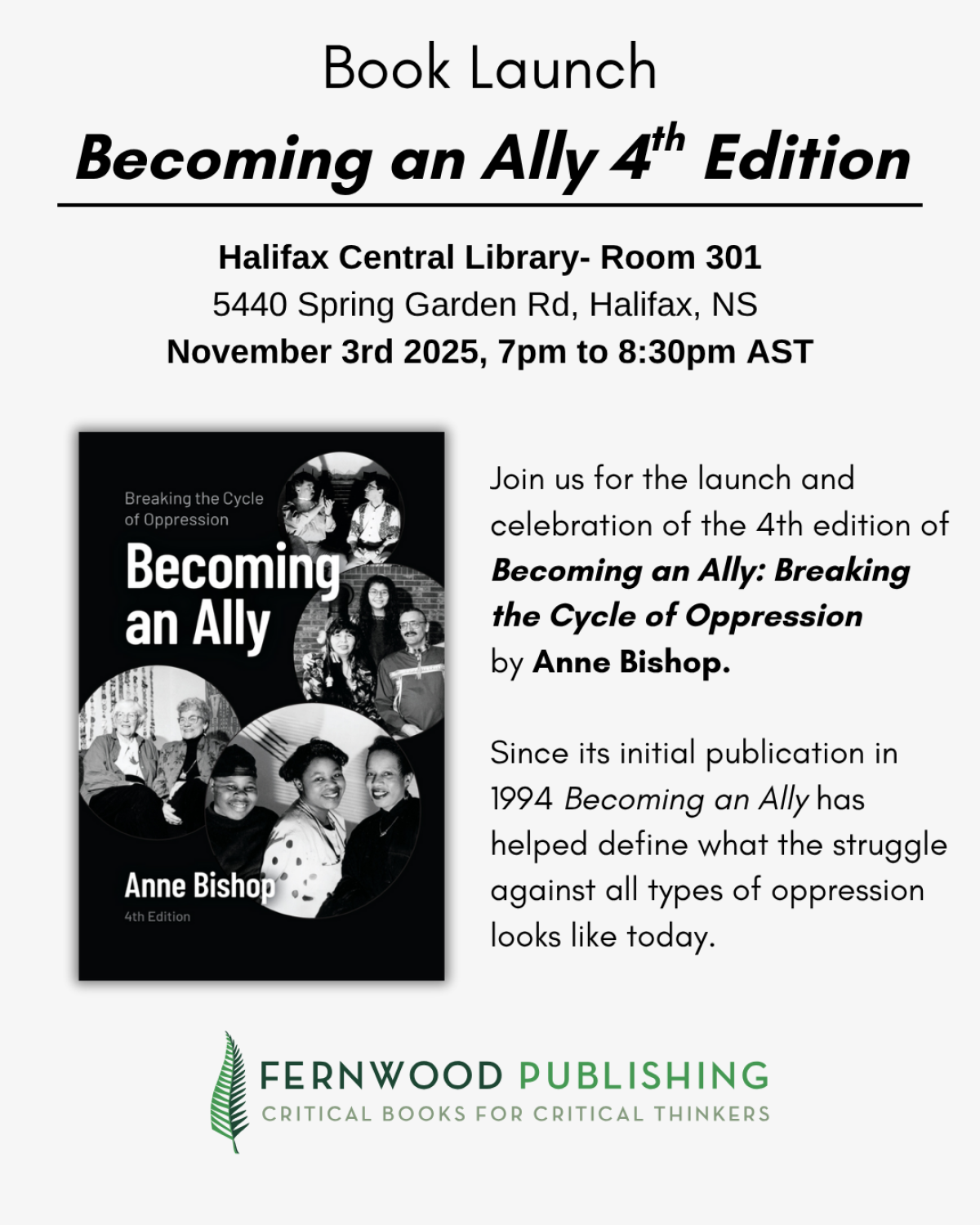 Book launch flyer for "Becoming an Ally 4th Edition" by Anne Bishop at Halifax Central Library on November 3rd, 2025.