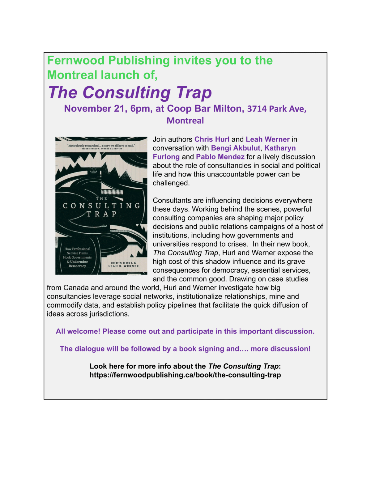 Fernwood Publishing event flyer for "The Consulting Trap" book launch in Montreal on November 21.
