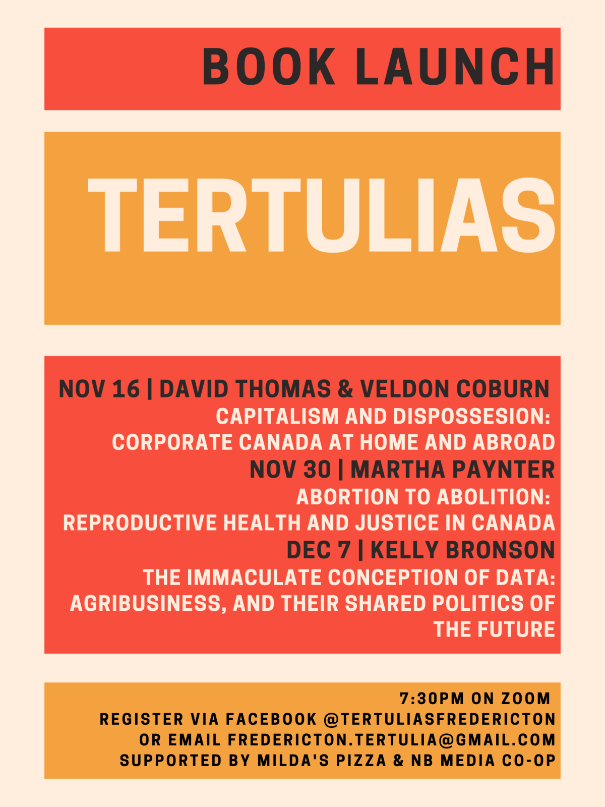 Book launch poster for "Tertulias" featuring three author talks in November and December on capitalism, reproductive health, and agricultural data politics.