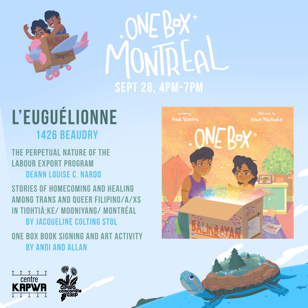 Event poster for OneBox Montreal on Sept 28, 4-7pm at L'Euguelionne, featuring book signing, art activity, and presentations about trans and queer Filipino communities.