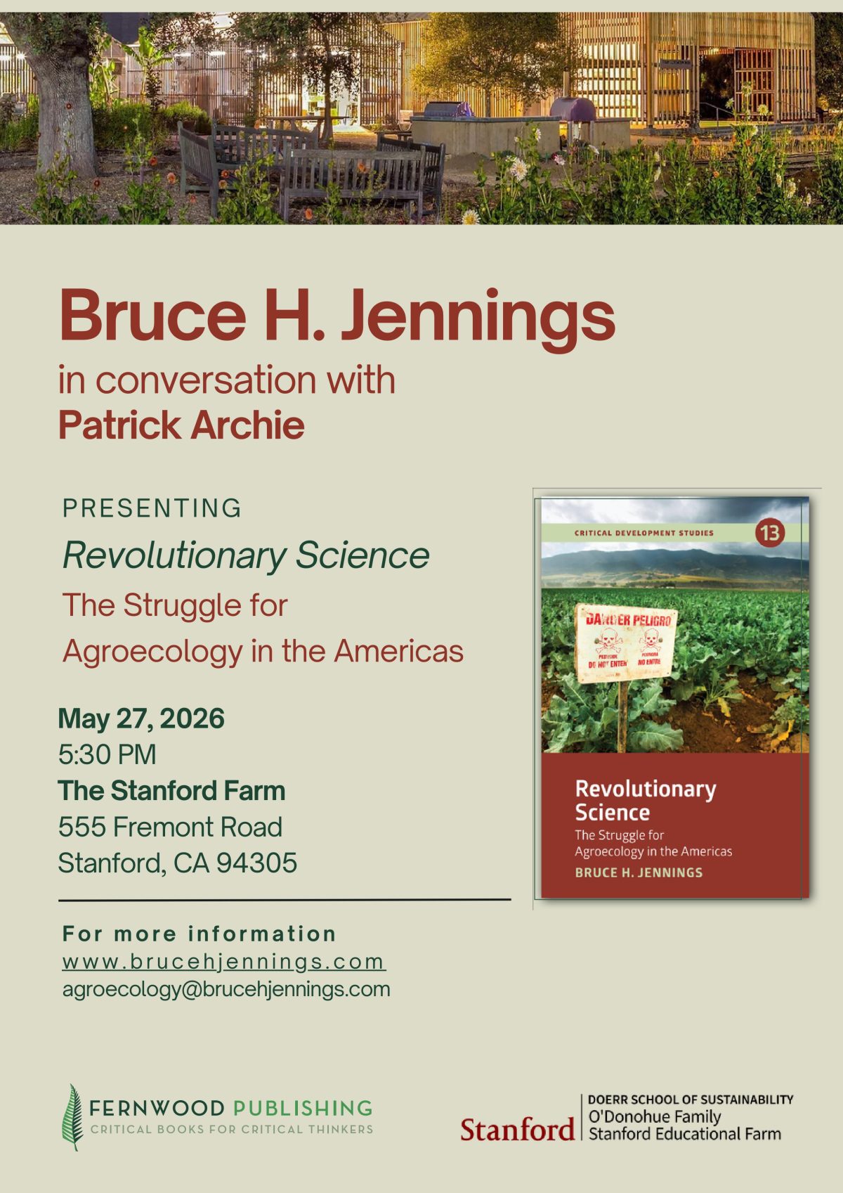 Event poster for Bruce H. Jennings discussing Revolutionary Science: The Struggle for Agroecology in the Americas at Stanford Farm on May 27, 2026.