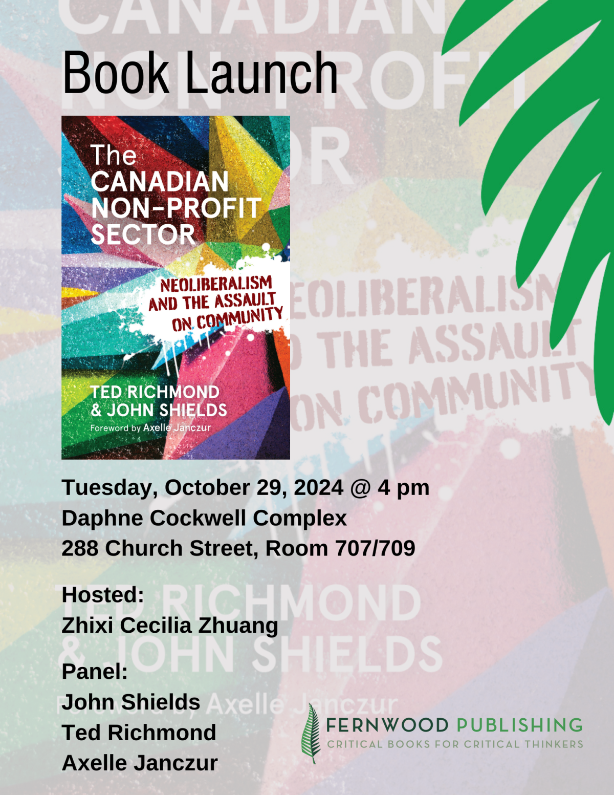 Book launch flyer for "The Canadian Non-Profit Sector" on October 29, 2024 at Daphne Cockwell Complex, featuring authors Ted Richmond and John Shields.