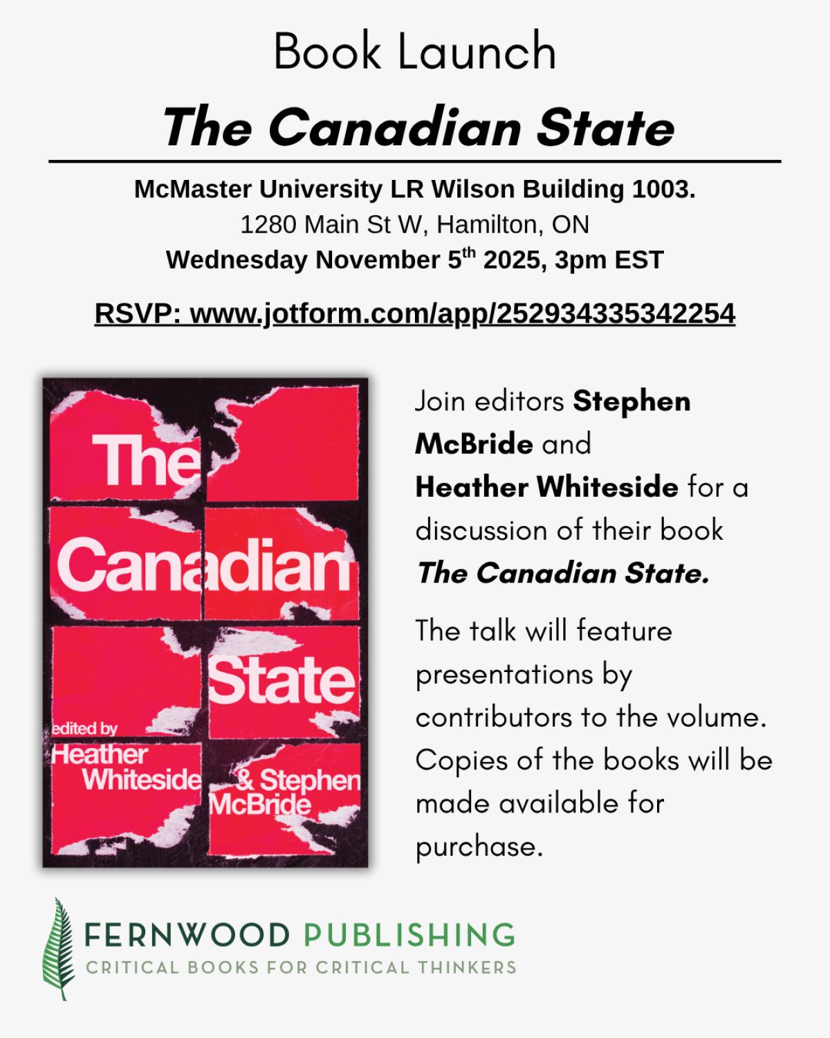 Book launch flyer for "The Canadian State" edited by Stephen McBride and Heather Whiteside at McMaster University on November 5, 2025.