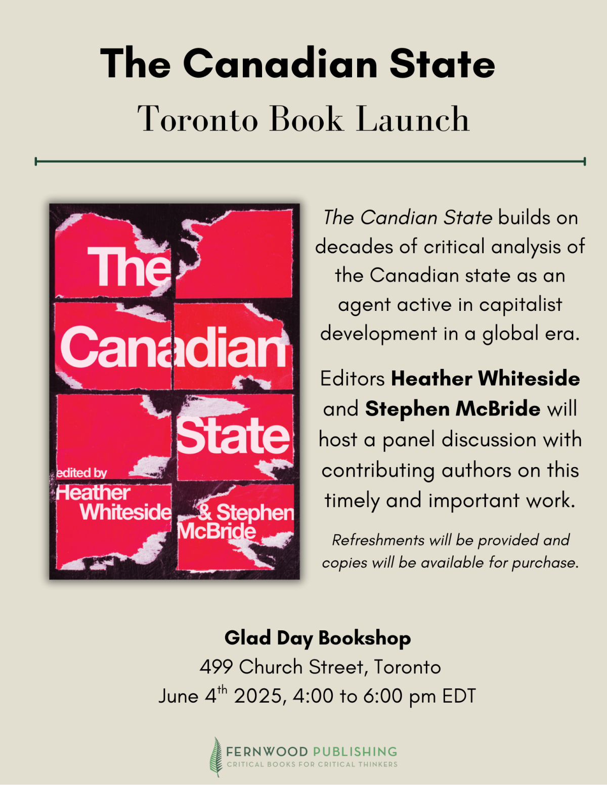 Book launch poster for "The Canadian State" showing red map design, event details for June 4th 2025 at Glad Day Bookshop in Toronto.