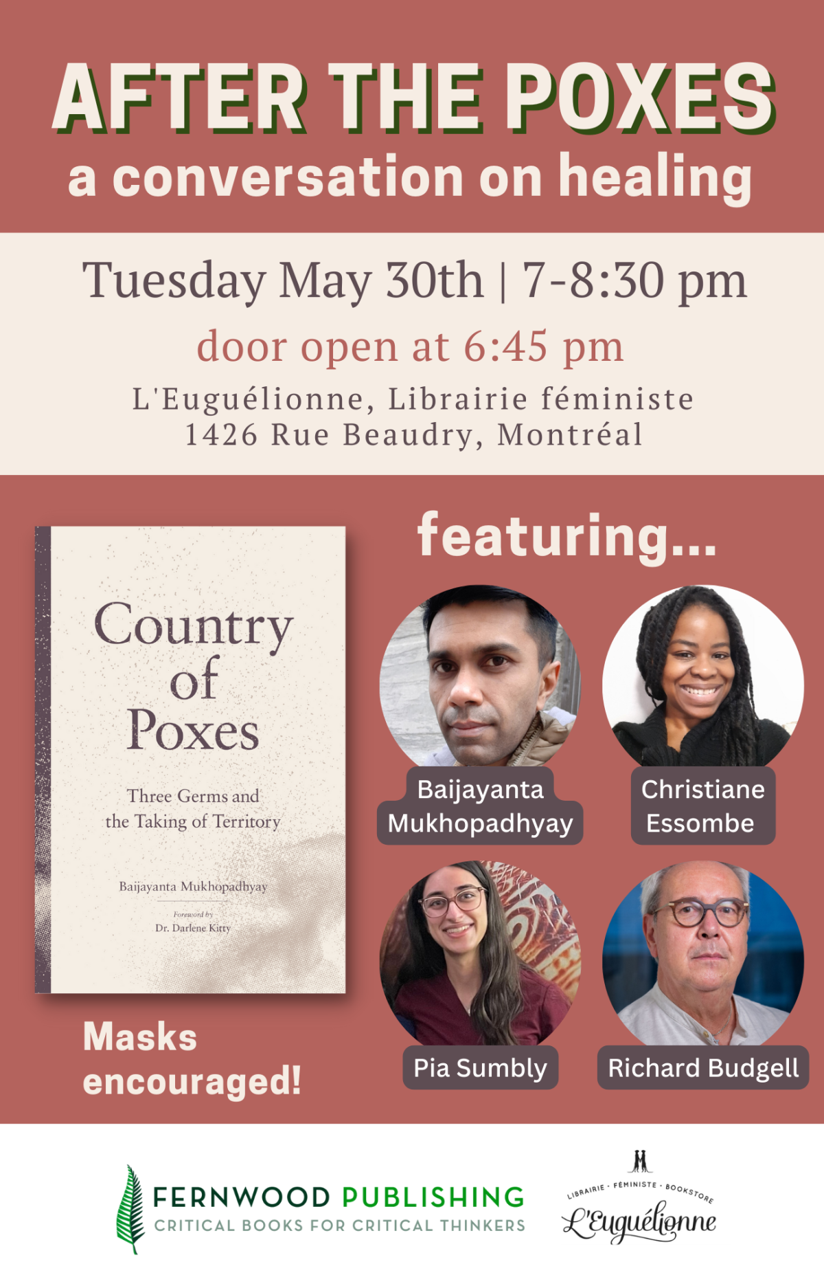 Event poster for "After the Poxes" conversation on healing, May 30th at L'Euguélionne in Montreal, featuring four panelists and the book "Country of Poxes."