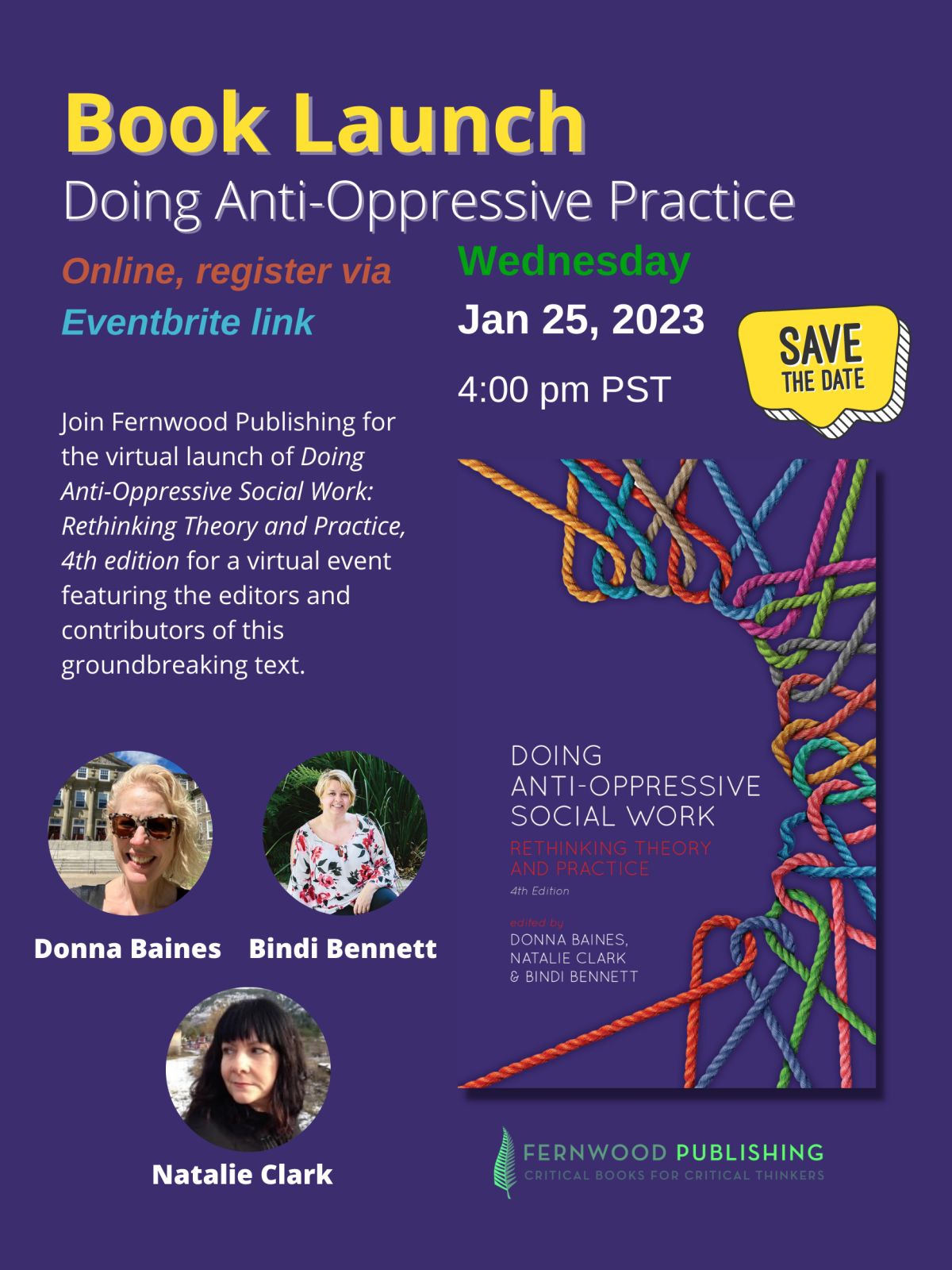Book launch flyer for "Doing Anti-Oppressive Practice" featuring editors Donna Baines, Bindi Bennett, and Natalie Clark on January 25, 2023.