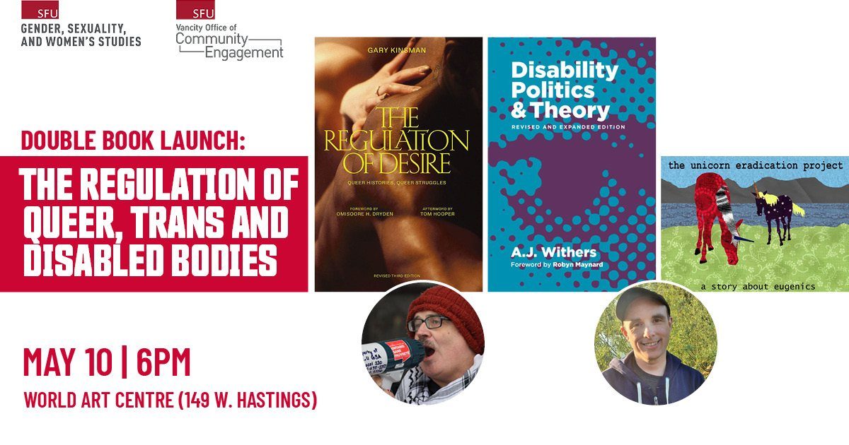 Promotional poster for double book launch event on May 10 at 6pm, featuring four books and two speaker headshots.