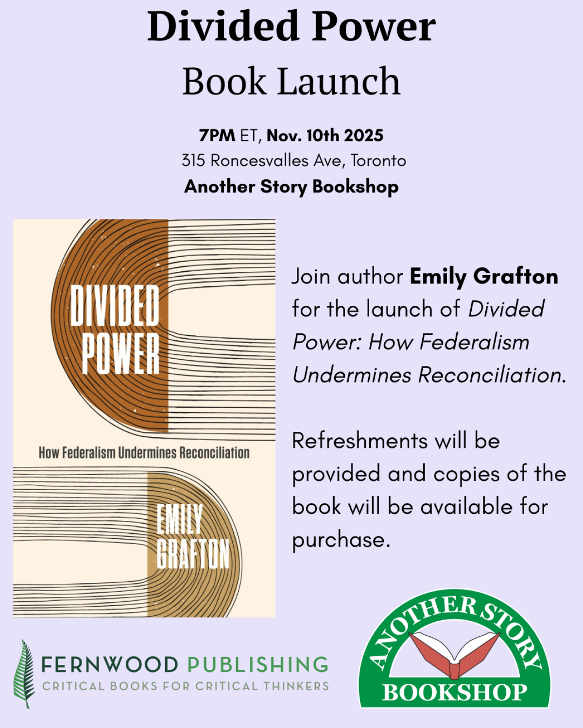 Poster for Divided Power book launch by Emily Grafton, November 10, 2025 at Another Story Bookshop in Toronto.