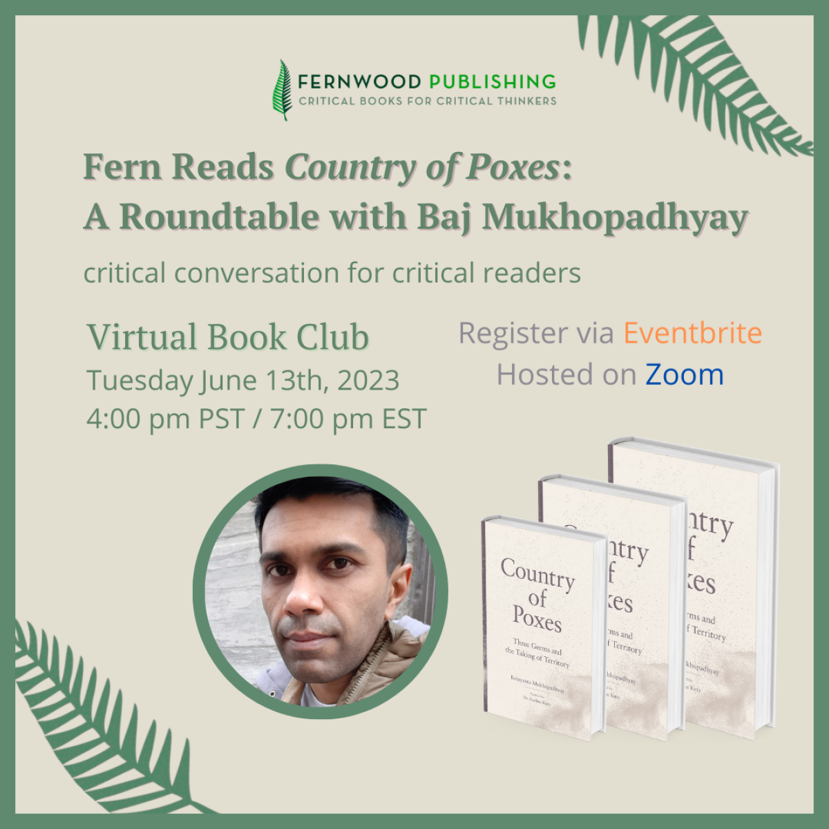Fernwood Publishing virtual book club poster featuring author Baj Mukhopadhyay discussing Country of Poxes on June 13, 2023.