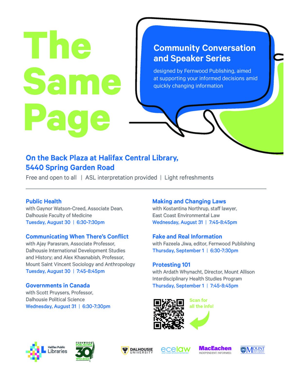 Event poster for "The Same Page" Community Conversation and Speaker Series at Halifax Central Library, featuring five topics from August 30 to September 1.
