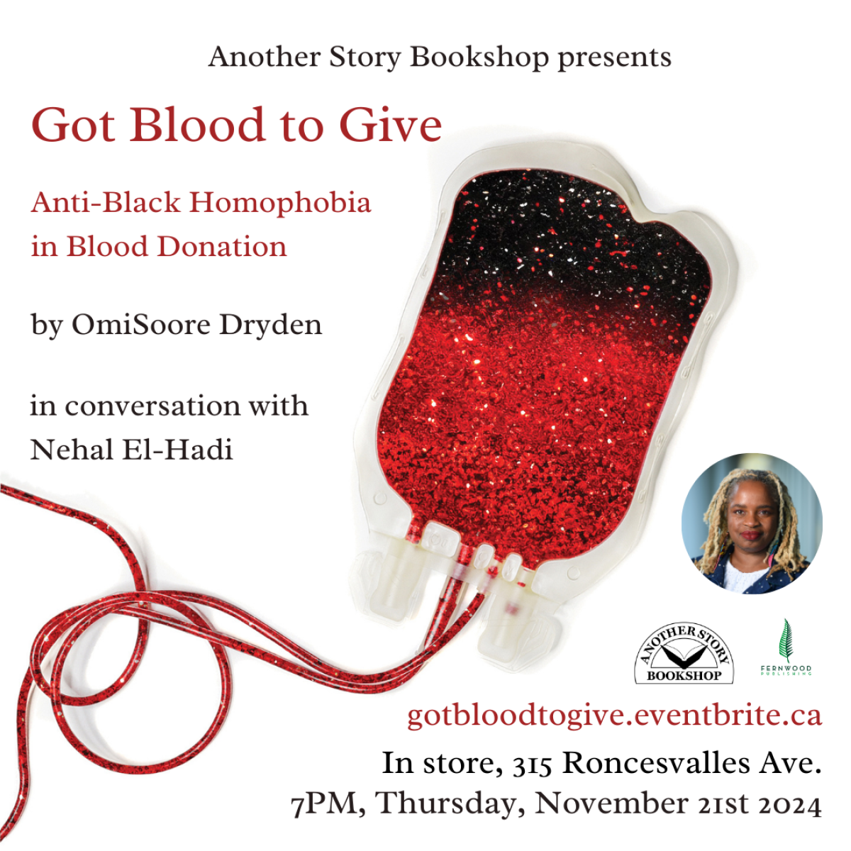 Poster for "Got Blood to Give" event at Another Story Bookshop on November 21st, 2024, featuring a blood bag illustration and speaker photo.