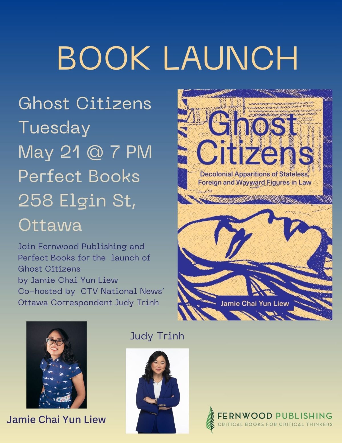 Book launch poster for "Ghost Citizens" by Jamie Chai Yun Liew on May 21 at 7 PM at Perfect Books in Ottawa, featuring the book cover and photos of the author and co-host.