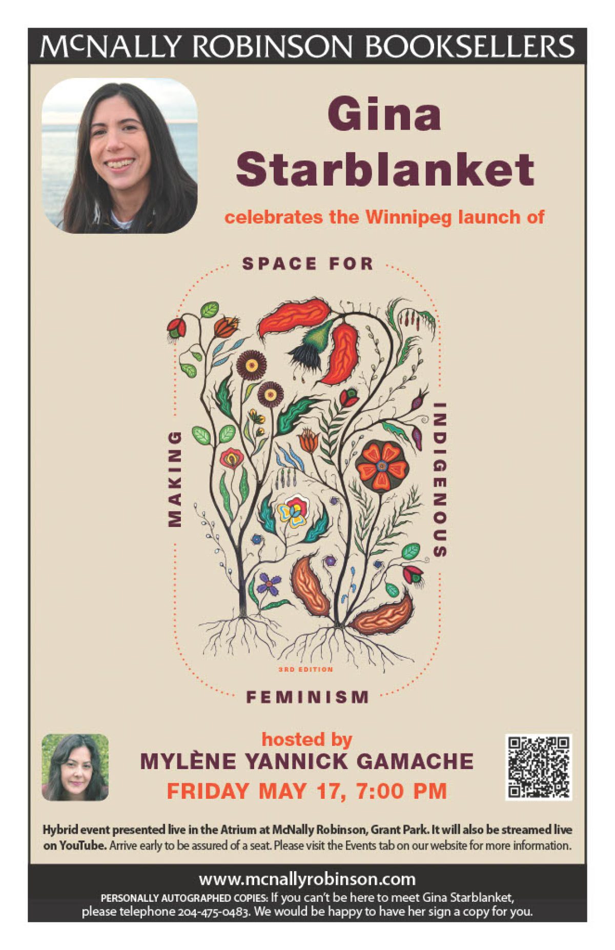 Promotional poster for Gina Starblanket's book launch event at McNally Robinson Booksellers Winnipeg on May 17.