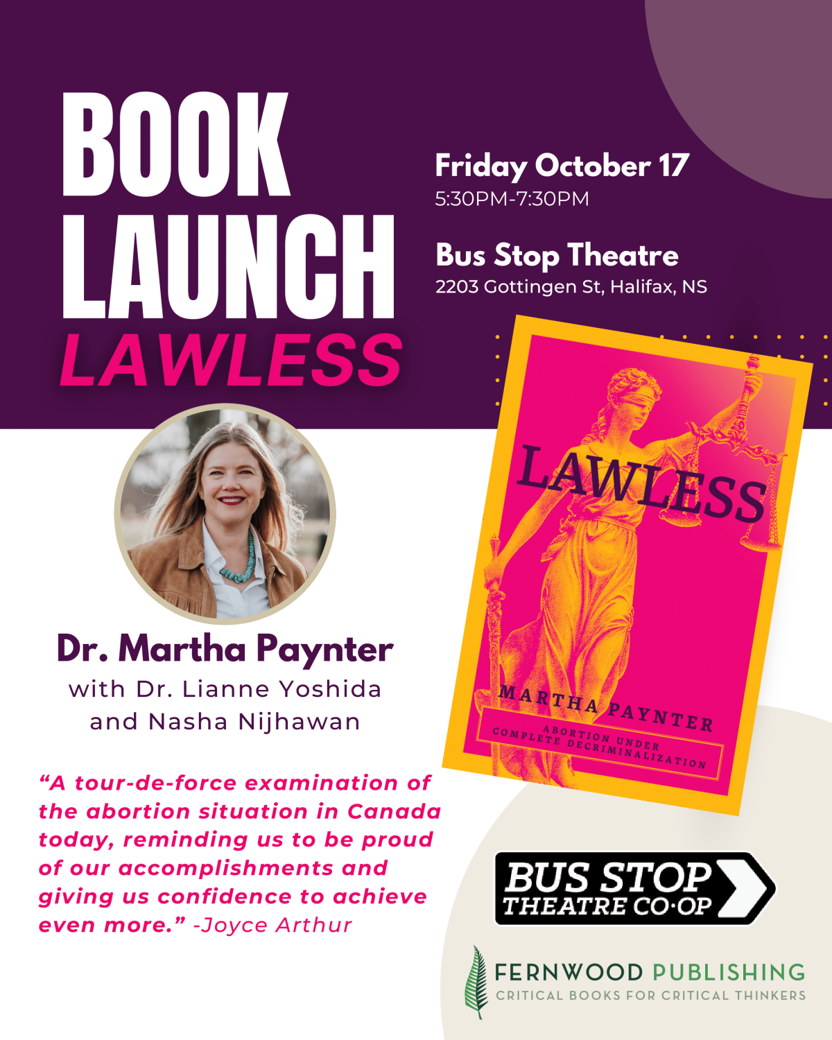 Book launch poster for "Lawless" by Dr. Martha Paynter on Friday October 17 at Bus Stop Theatre in Halifax.