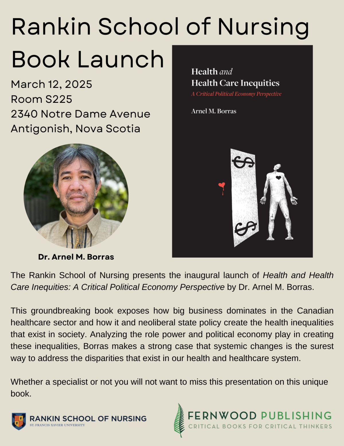 Poster for Rankin School of Nursing book launch featuring Dr. Arnel M. Borras and the book cover for "Health and Health Care Inequities: A Critical Political Economy Perspective."