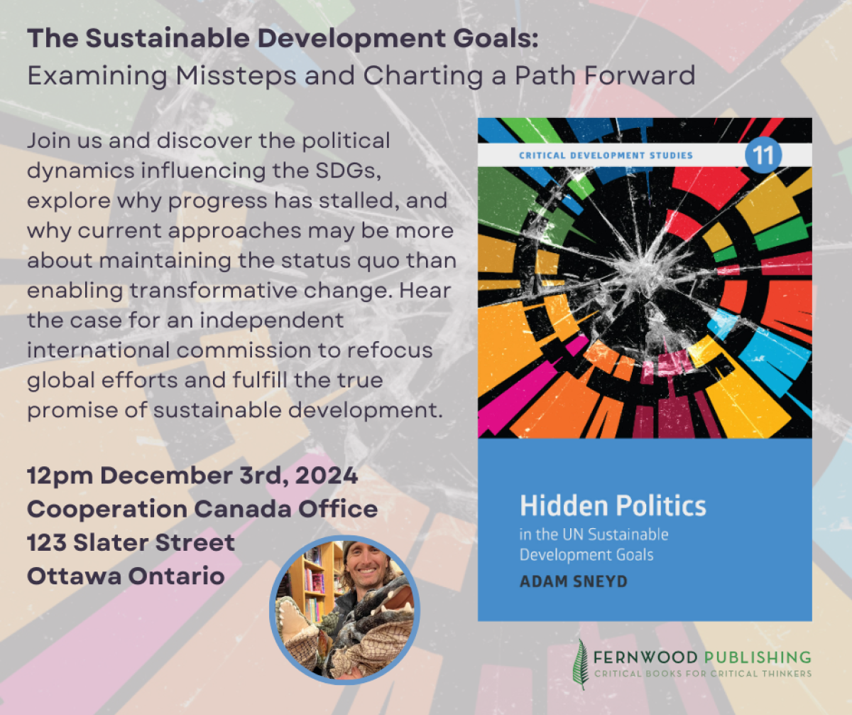 Event poster for SDG discussion featuring the book "Hidden Politics in the UN Sustainable Development Goals" by Adam Sneyd, December 3rd, 2024 in Ottawa.