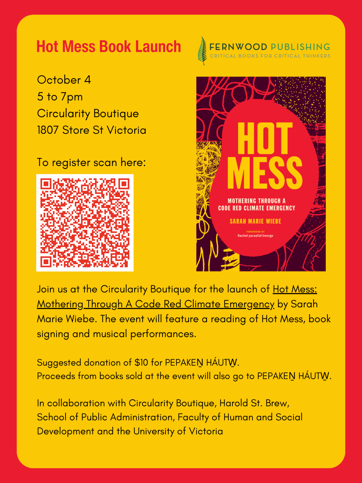 Poster for Hot Mess book launch event on October 4 from 5-7pm at Circularity Boutique in Victoria, featuring QR code and book cover.