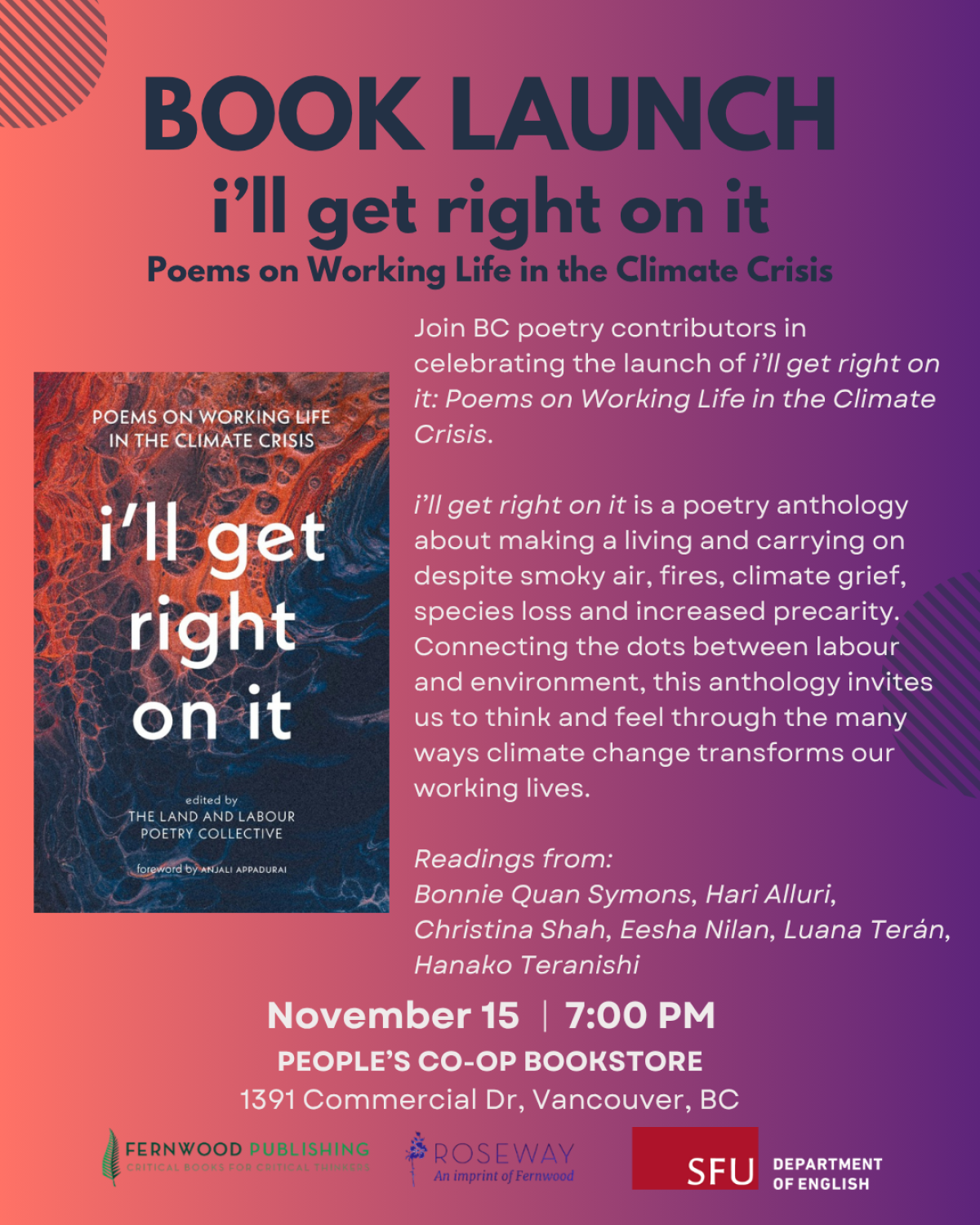 Book launch poster for "i'll get right on it: Poems on Working Life in the Climate Crisis" at People's Co-op Bookstore, November 15, 7:00 PM.