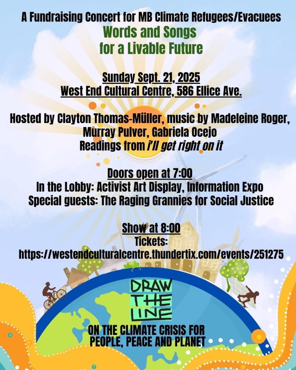 Colorful poster for fundraising concert on Sept. 21, 2025 supporting MB climate refugees, featuring music and readings at West End Cultural Centre.