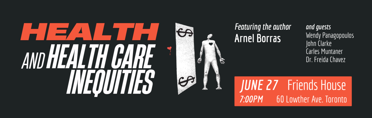 Event poster for "Health and Health Care Inequities" featuring author Arnel Borras, June 27 at Friends House Toronto.