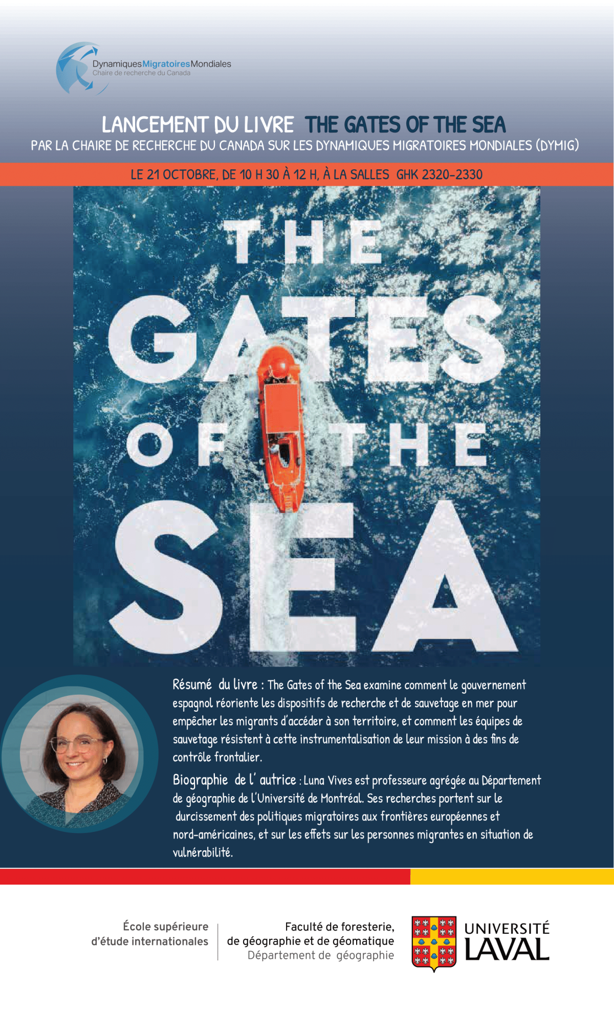Promotional poster for "The Gates of the Sea" book launch event on October 21, featuring an aerial view of a red boat on water.