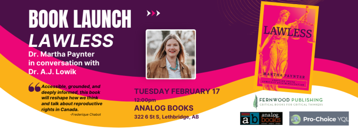 Book launch promotional flyer for "Lawless" by Dr. Martha Paynter, featuring event details and speaker information for February 17.