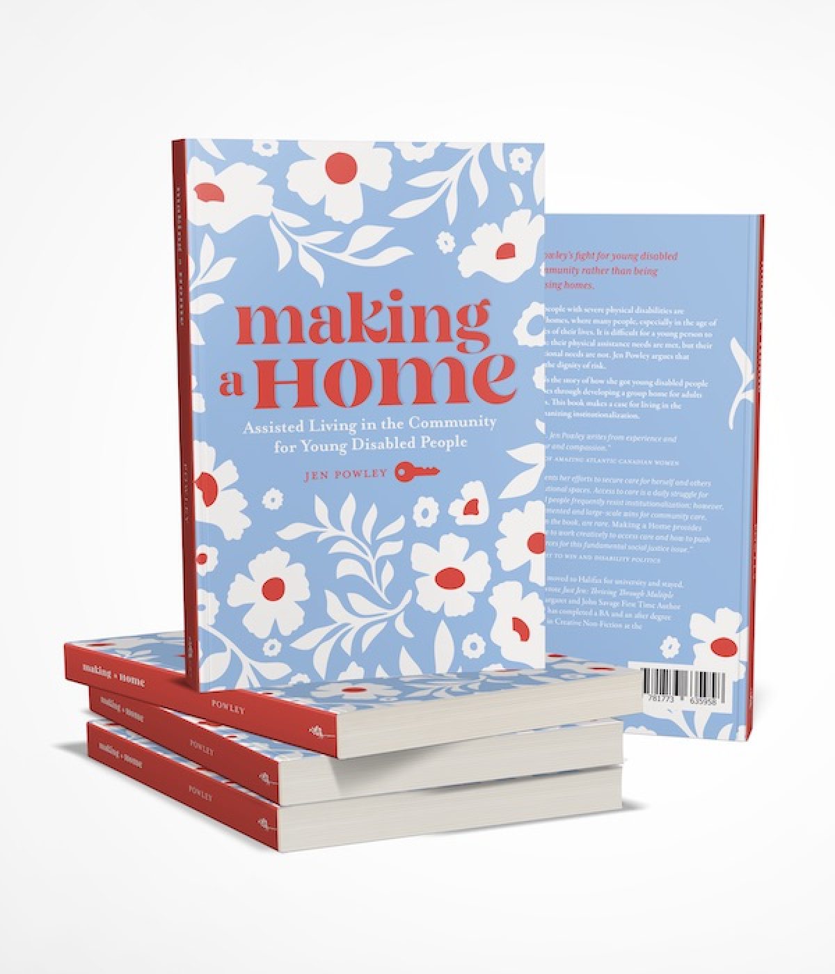 Stack of "Making a Home" books by Jen Powley with blue floral cover and open book display showing interior pages.